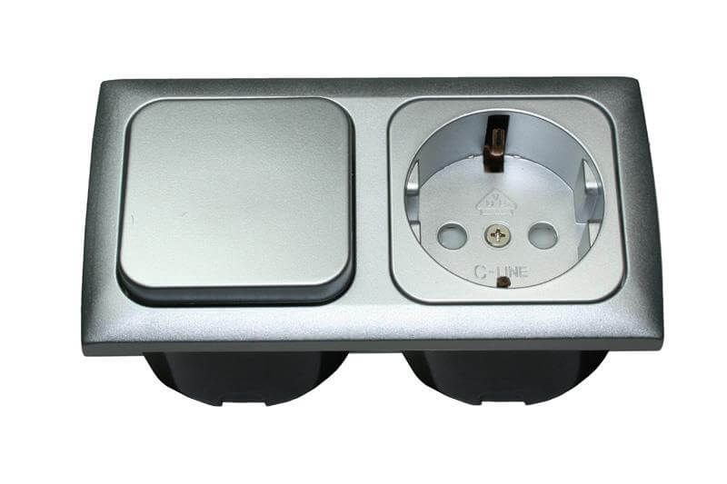 C-Line light switch and Schuko socket with Opal faceplate 2 way silver - packed