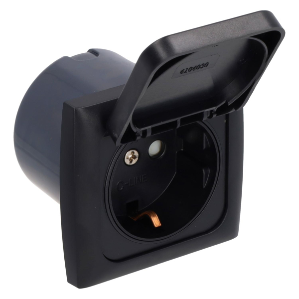 C-Line socket 230V with coverflap and Opal faceplate black