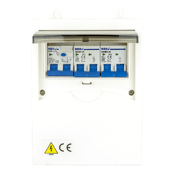Fusebox 6 way consumer unit with 2 pole circuit breaker B10A and B16A and RCB 30mA