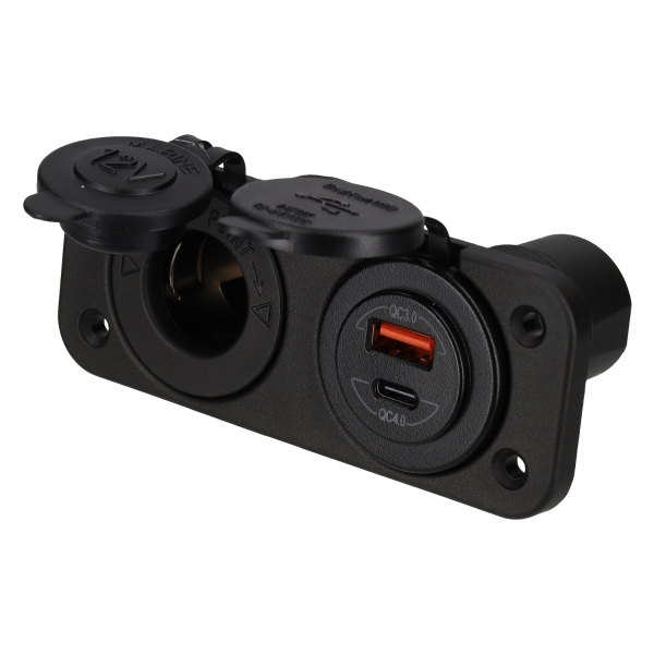 Power Line 12 Volt socket UNI and USB-A + USB-C charger in 2 way built-in frame