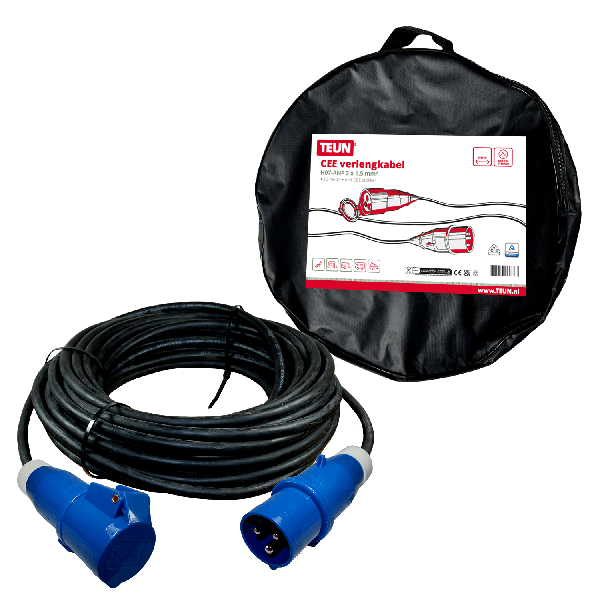 Extension lead 20 metres neoprene 3x 1.5mm² - CEE plug and CEE coupler - in cable bag - TEUN