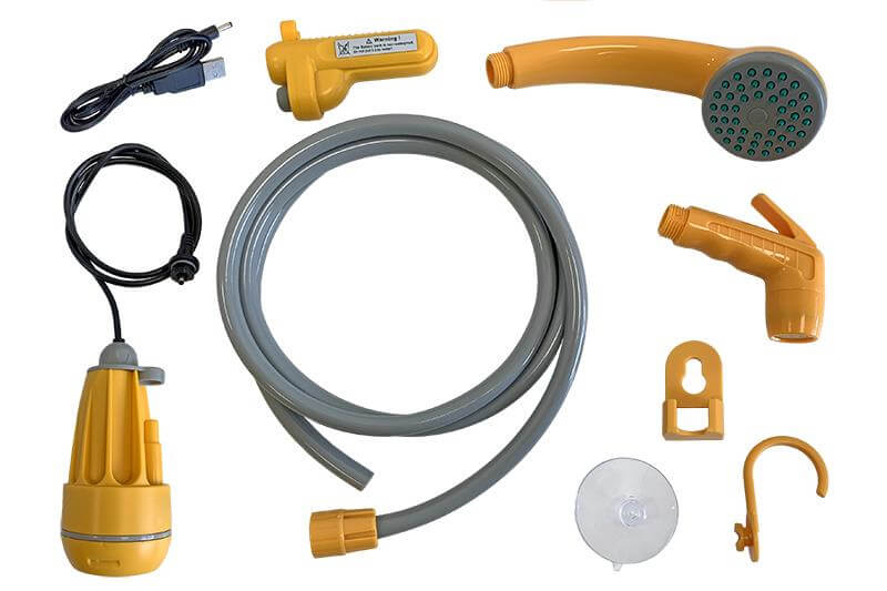 Portable camping shower with pump and rechargeable battery