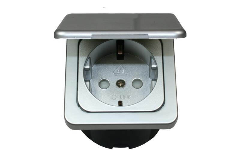 C-Line Schuko socket with Opal frame with hinged lid silver - packed