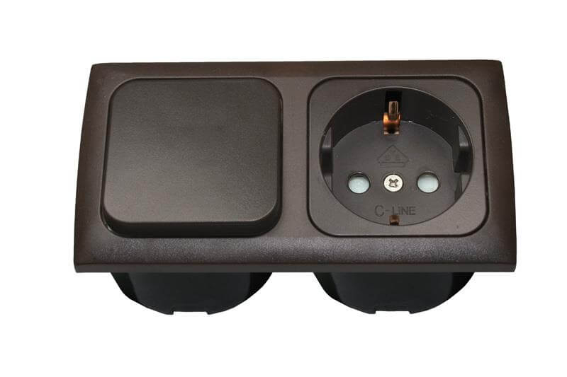 C-Line light switch and Schuko socket with Opal faceplate 2 way brown - packed