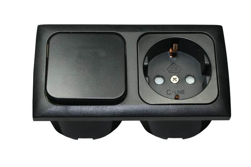 C-Line light switch and Schuko socket with Opal faceplate 2 way black - packed