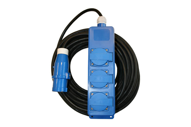 Triple Unit CEE 3 way Schuko socket box camping with 20 meter extension cable and CEE plug
