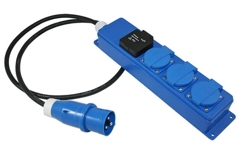 Quatro Unit CEE 3 way Schuko sockets and USB charging sockets with 1.5 meter extension cable and CEE plug