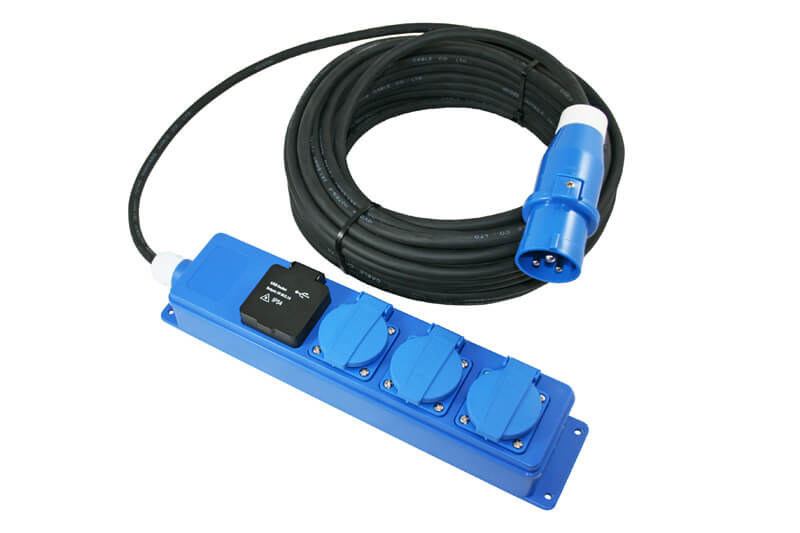 Quatro Unit CEE 3 way Schuko sockets and USB charging sockets with 20 meter extension cable and CEE plug